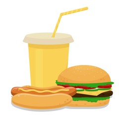 Bright, colorful hot dog, hamburger, cup with soda stock vector illustration isolated on white background. Graphic composition with fast food. For promotion, advertising, menu