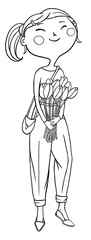 Black and white hand drawn cartoon illustration of a girl with flowers. Romantic. Spring or summer outfit.