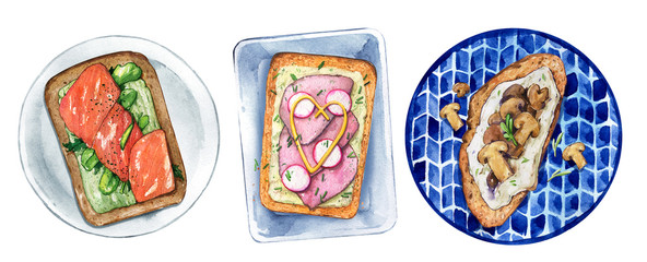 sandwich quick snack plate tableware rectangular round mushrooms red fish ham mustard avocado pate watercolor isolated