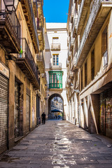 Gothic Quarter street in Barcelona, Catalonia, Spain.