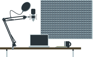 Podcasting desk setup with microphone stand, desk, notebook and acoustic foam wall insulation 