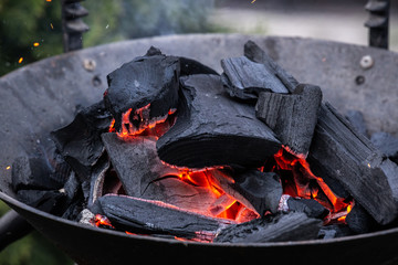 Fire burning in a fireplace. Charcoal and BBQ season.