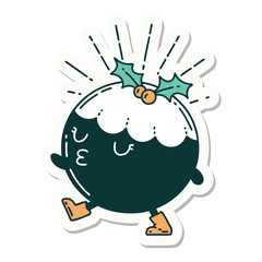 sticker of tattoo style christmas pudding character walking