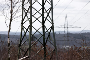 high voltage pylon with power lines