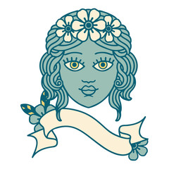 tattoo with banner of female face with crown of flowers