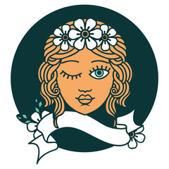 icon with banner of a maidens face winking
