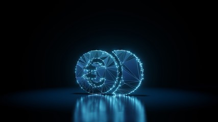 3d rendering wireframe neon glowing symbol of euro  on black background with reflection