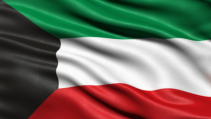 3D illustration of the flag of Kuwait waving in the wind.
