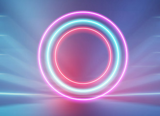 Blue abstract background blurred. red white green pink light neon round circle empty studio room. used for background and display your product