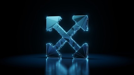 3d rendering wireframe neon glowing symbol of expand arrows  on black background with reflection