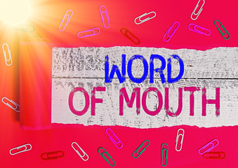 Conceptual hand writing showing Word Of Mouth. Concept meaning information that is transmitted...