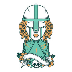 crying human fighter with natural one D20 dice roll illustration