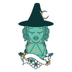 half orc witch character with natural twenty dice roll illustration