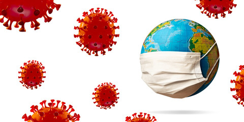 Model of COVID-19 coronavirus colored red spreading near around planet Earth wearing face mask, concept of pandemic spreading, medicine and healthcare. Epidemic, quarantine and isolation, protection.