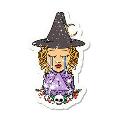 crying human witch with natural one D20 dice roll grunge sticker