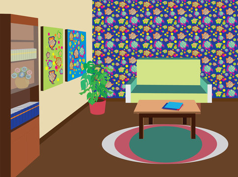 vector projection of the living room with printed wallpaper. The project of the room is a living room, a library, a playroom, and a nursery. Vector concept of a cozy room. Furnished room