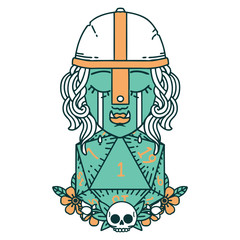 crying orc fighter character with natural one D20 roll illustration
