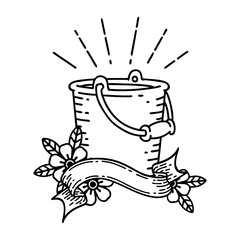 banner with black line work tattoo style bucket of water