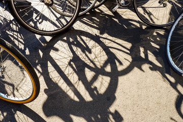 Fototapeta na wymiar Die in der Stadt geparkten Fahrräder werfen lange Schatten auf den Asphalt.