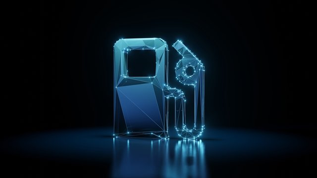 3d rendering wireframe neon glowing symbol of gas station on black background with reflection