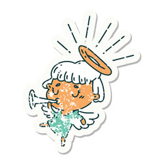 grunge sticker of tattoo style angel blowing trumpet