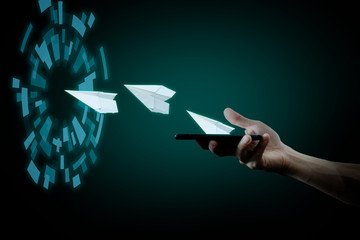 paper plane come out from mobile phone, future connection concept, telecommunication