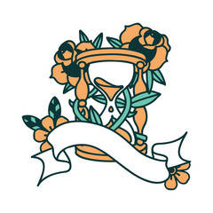 tattoo with banner of an hour glass and flowers