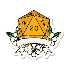 natural 20 critical hit D20 dice roll grunge sticker