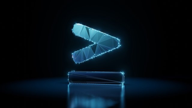 3d rendering wireframe neon glowing symbol of greater than equal on black background with reflection