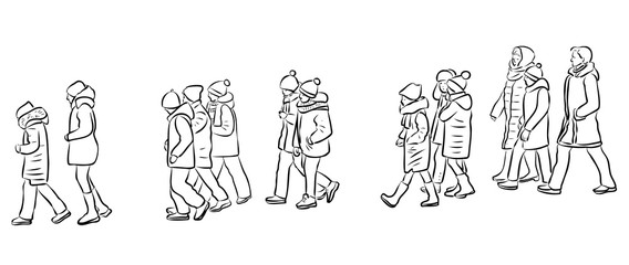 Outline drawing of group school children going outdoors on excursion