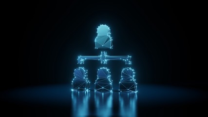 3d rendering wireframe neon glowing symbol of hierarchical structure on black background with reflection