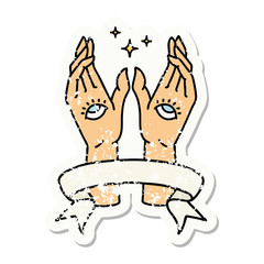 grunge sticker with banner of mystic hands