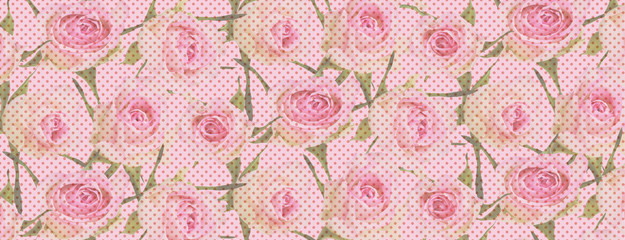 Pink rose flowers and green leaves with polka dot