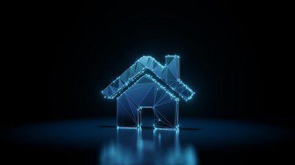 3d rendering wireframe neon glowing symbol of home on black background with reflection