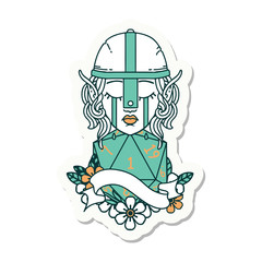 crying elf fighter character face with natural one D20 roll sticker