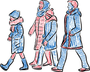 Vector drawing of women with their kids walking along street