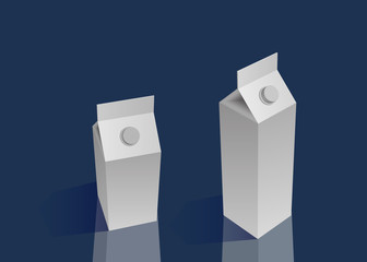  bottle, milk cardboard packaging, mock up ,paper box, isometric 3d rendering, with shadow and reflection, isolated on blue background,