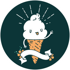icon of tattoo style ice cream character waving