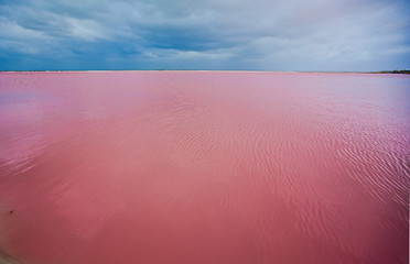 pink lake in Mexico, blue sky, coast, horizon