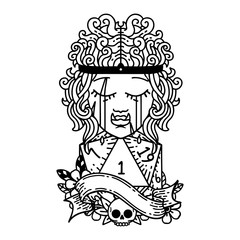 crying orc barbarian character face with natural one D20 roll illustration