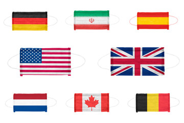 Set of PP non-woven disposable medical face masks isolated on white background.