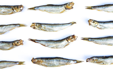 Smoked sprats on white background