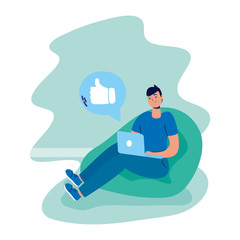 man using laptop social media technology