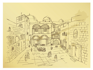 Church of the Holy Sepulchre in Jerusalem. Israel. Hand drawing illustration. 

