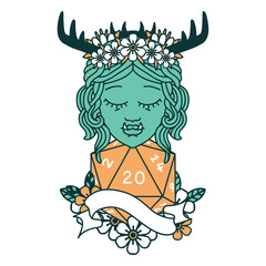 half orc druid character with natural 20 dice roll illustration