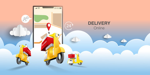 Paper art of delivery by yellow scooter and navigation app on smartphone screen. Origami E-commerce and Online order infographic concept.