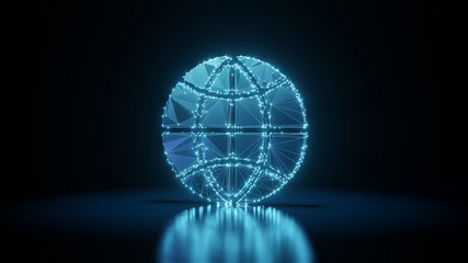 3d rendering wireframe neon glowing symbol of internet on black background with reflection
