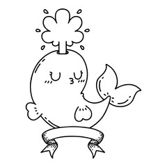 banner with black line work tattoo style happy squirting whale character