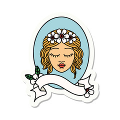 tattoo sticker with banner of a maiden with eyes closed
