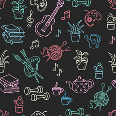 Seamless pattern with hand-drawn doodle home activities, hobbies. Slogan: Stay home